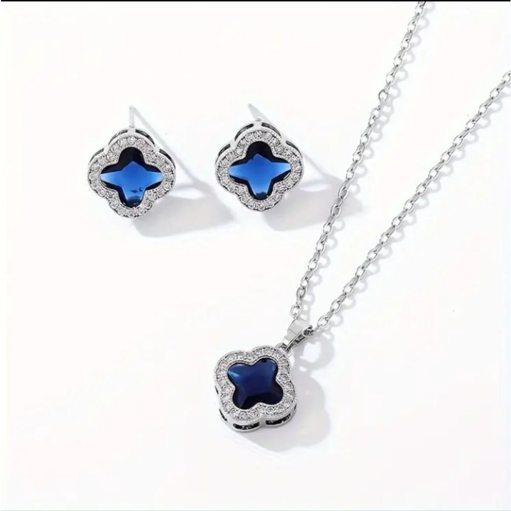 Silver & Blue Diamond Clover Necklace & Earring Set